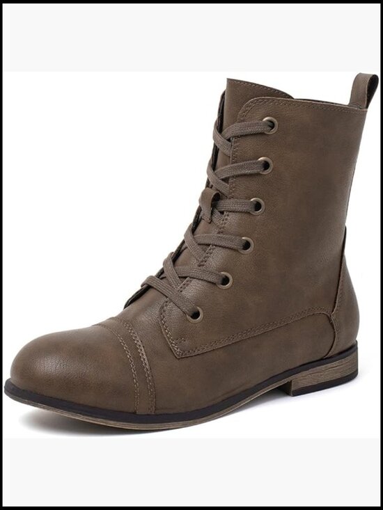 Shoes - Lace Up Military Ankle Boots Side Zipper Round Toe Booties Combat Style